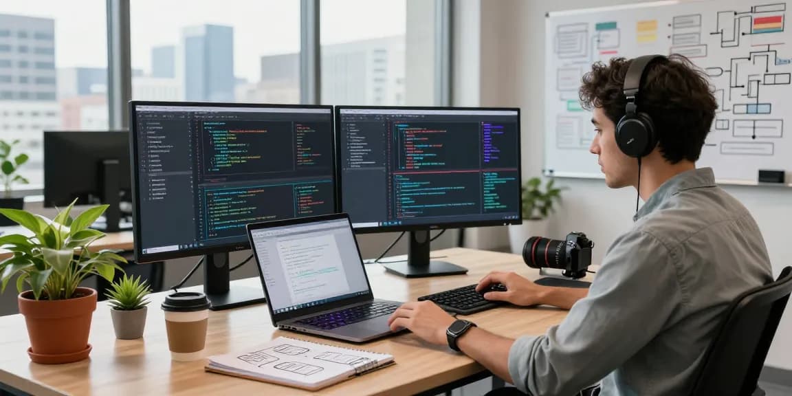 A software developer's workspace featuring WPS Official Website tools, multiple screens showcasing code and analytics, and vibrant office elements in a modern tech hub.