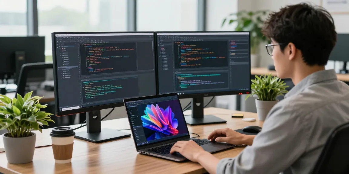 Dynamic workspace showcasing a developer coding with 快连 technology, featuring dual monitors and modern office setting.