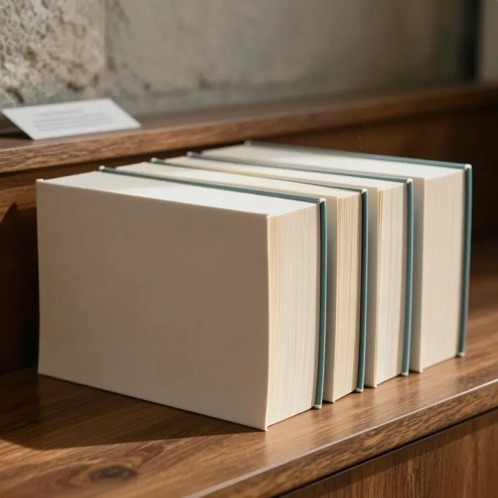Čtyři elegantní svazky článků s krémovými deskami a tyrkysovými záložkami na dřevěné podložce.