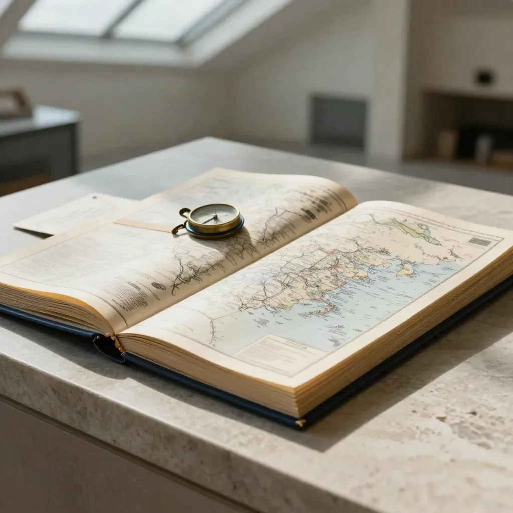 Rozložené exportní folio s mapovými pásy na světlém vápenci v moderním atriu.
