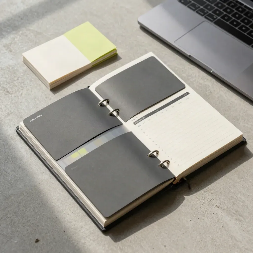 Otevřený pořadač kampaní, timeline vložky a zavřený notebook na světlém betonovém podkladu.