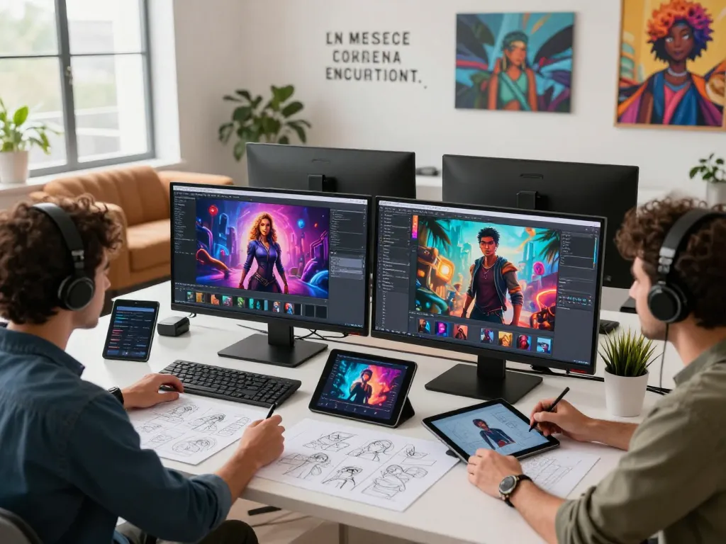 Creative professionals designing AI porn visuals in modern art studio.
